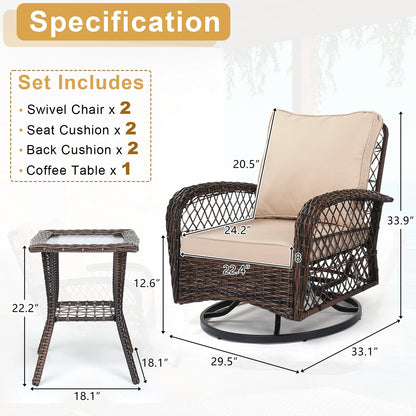 3 Pieces Patio Furniture Set, Outdoor Swivel Gliders Rocker, Wicker Patio Bistro Brown Gradient Ratt