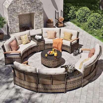 9 Piece Outdoor Patio Furniture Set, Half-Moon Curved Sectional.