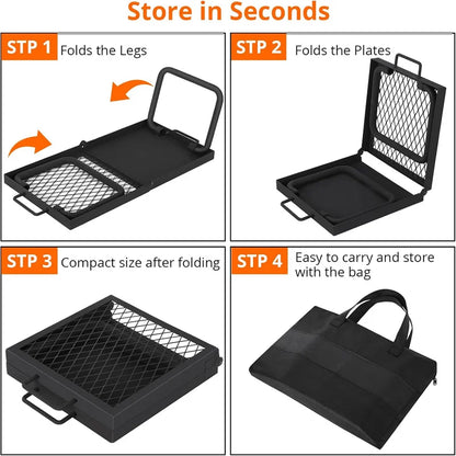 Folding Campfire Grill, Heavy Duty Steel Mesh Grate.