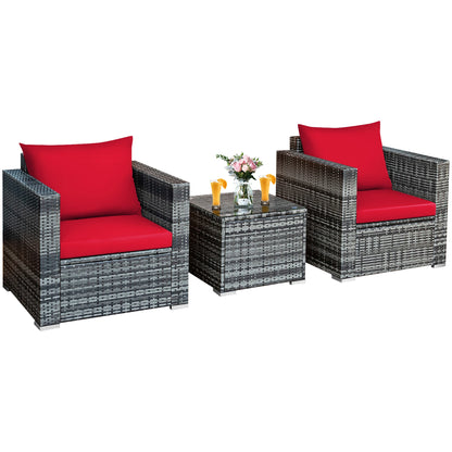 3 PC Patio Rattan Furniture Bistro Set Cushioned Sofa Chair Table Red.