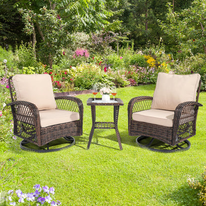 3 Pieces Patio Furniture Set, Outdoor Swivel Gliders Rocker, Wicker Patio Bistro Brown Gradient Ratt