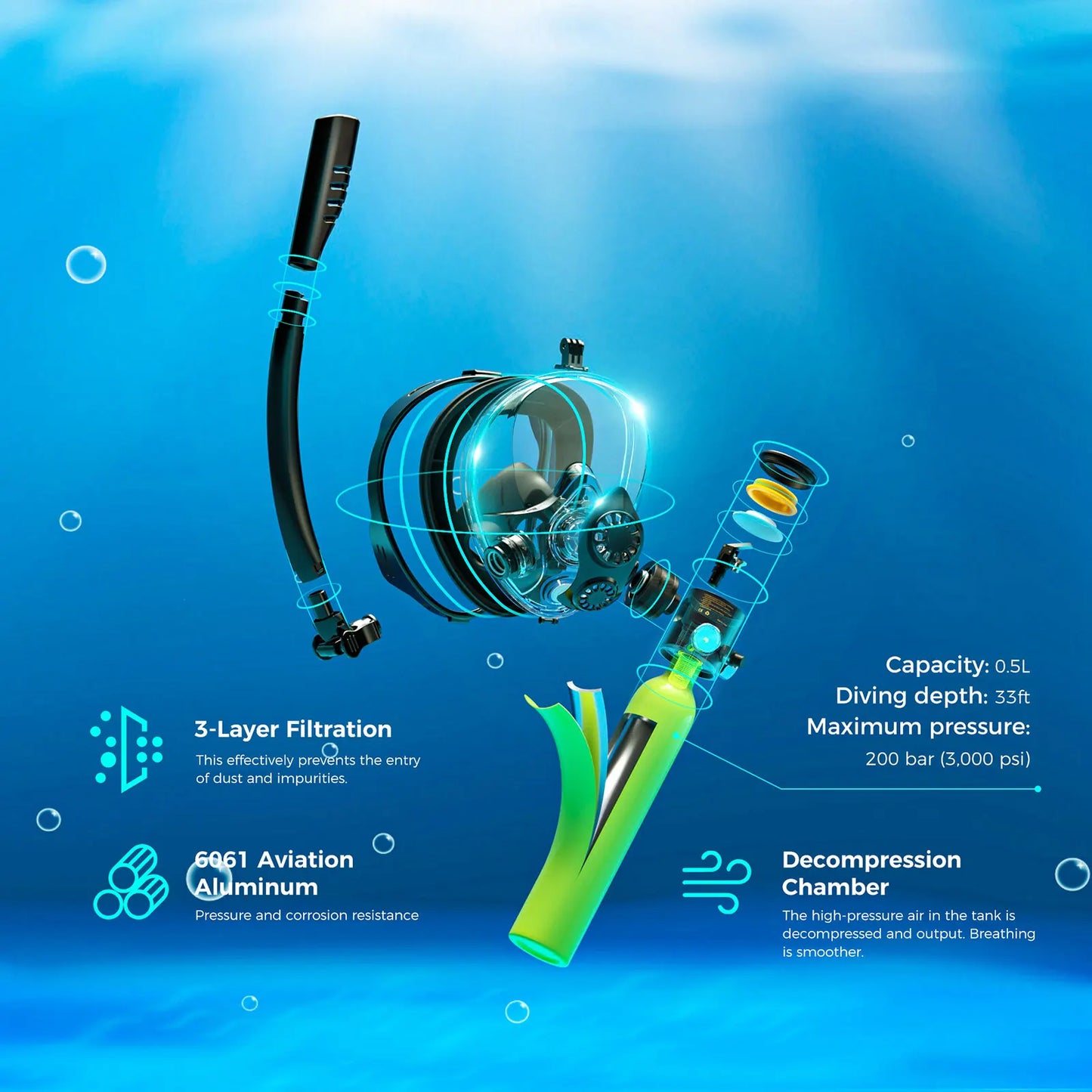 Mini Scuba Tank with Snorkel Mask 0.5L Portable.