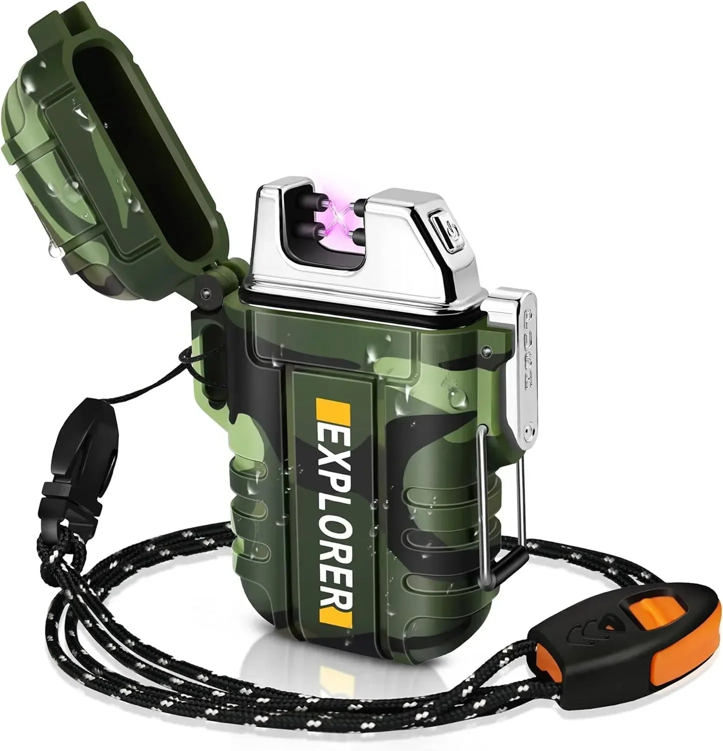 New Outdoor Camping Mountaineering Waterproof USB Double-arc Lighter Portable Lanyard with Whistle.