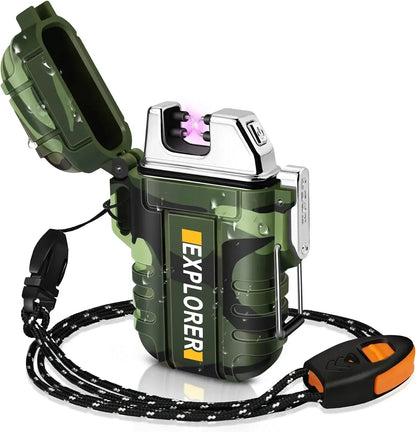 New Outdoor Camping Mountaineering Waterproof USB Double-arc Lighter Portable Lanyard with Whistle.