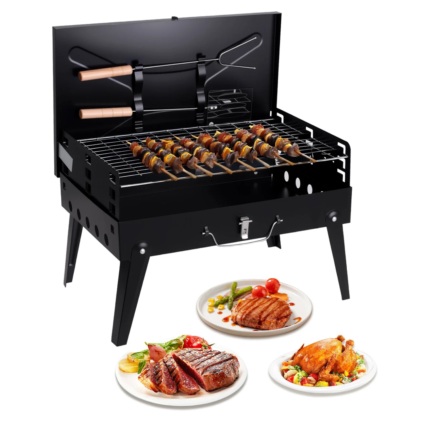 Portable Charcoal Grill, Foldable with Adjustable Heights.