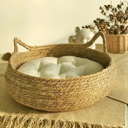Pure hand-woven rattan cat nest four seasons universal warm pad removable washable.
