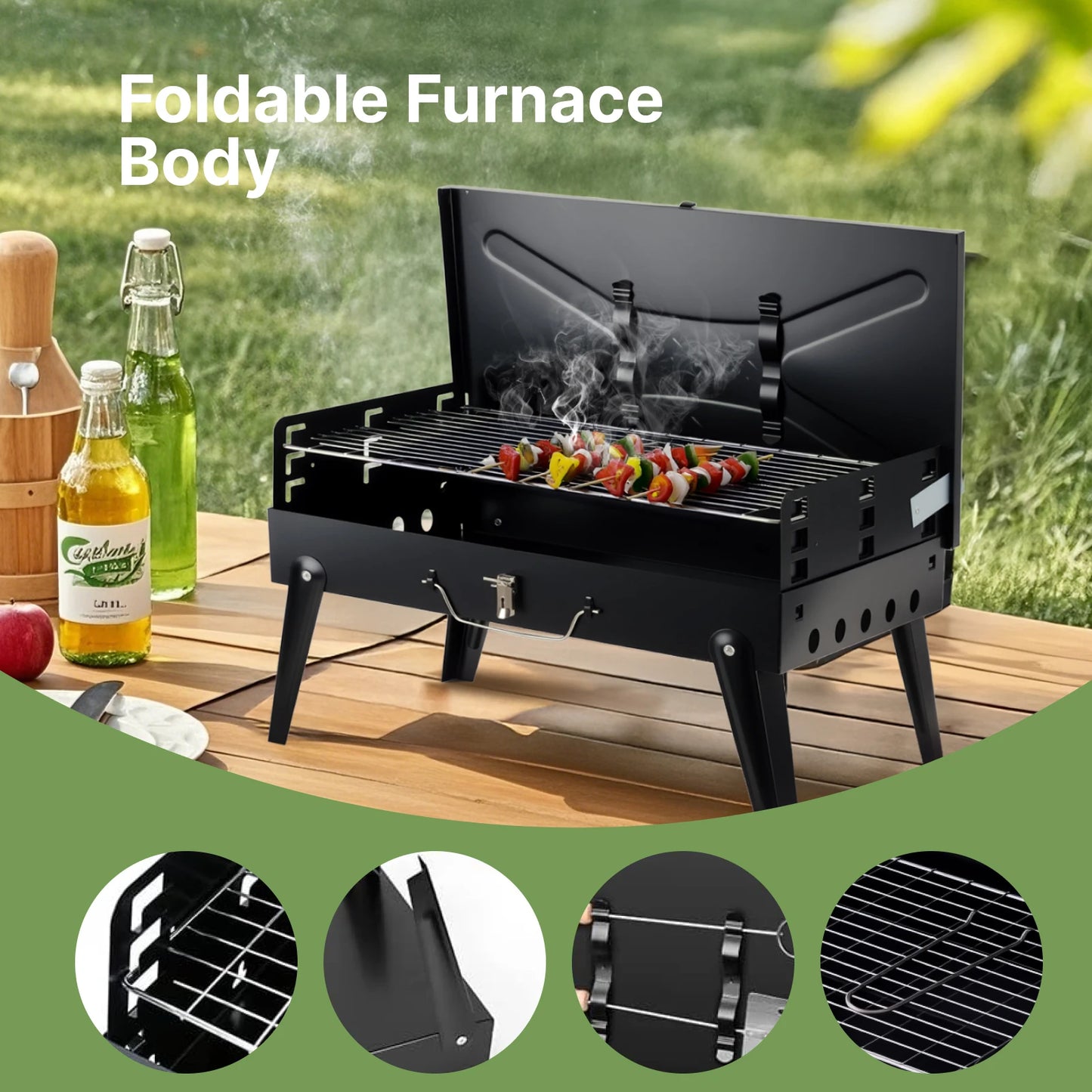 Portable Charcoal Grill, Foldable with Adjustable Heights.