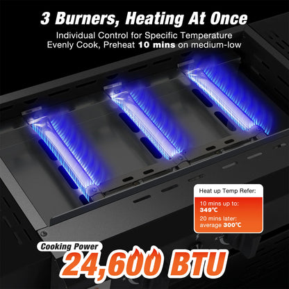 Outdoor Camping Grill 3 Burner BBQ Propane Gas Grill, 24,600 BTU Stainless Steel Patio Garden Barbecue Grill with Stove