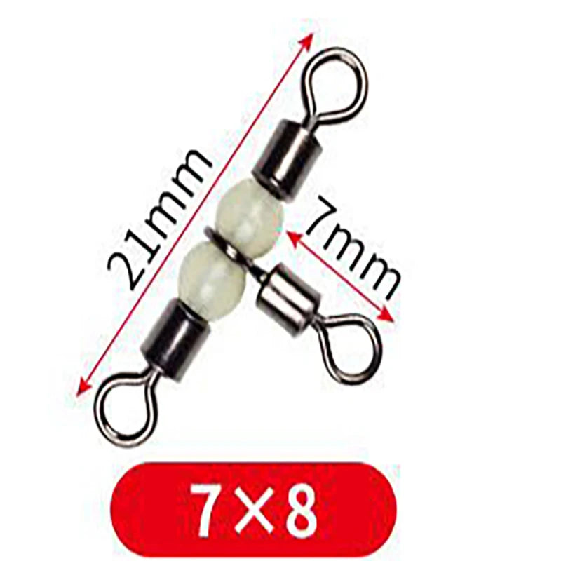 10/50pcs Stainless Steel T-Turn 3 Way Fishing Connector  Rolling Swivel Fishing Tackle Connector Luminous beads attract fish