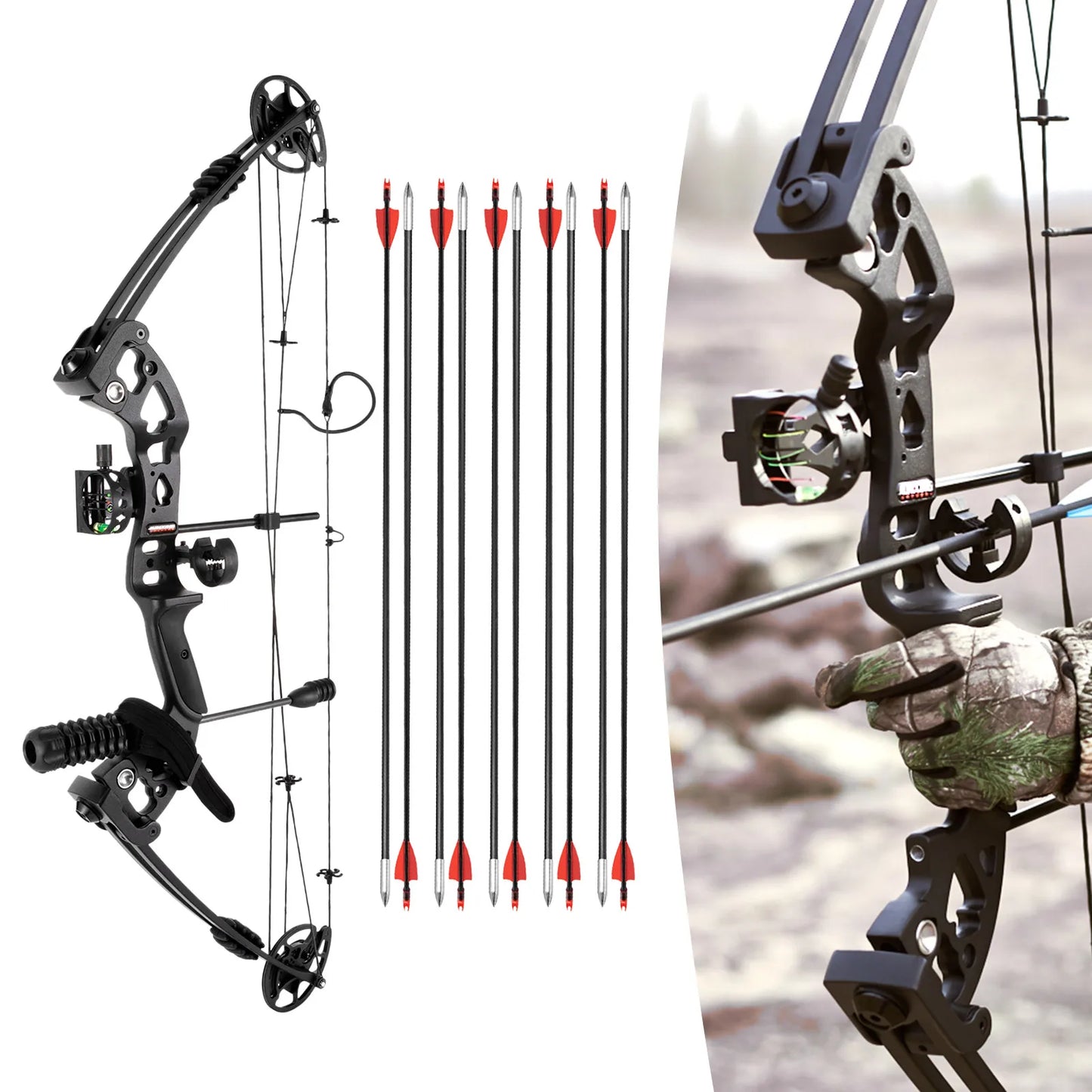 Compound Bow Right Hand Hunting Kit with Sight,, Stabilizer, Shock Absorber.