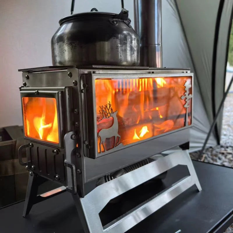 Camping Wood Stove Firewood Stainless Steel With Side Panels.
