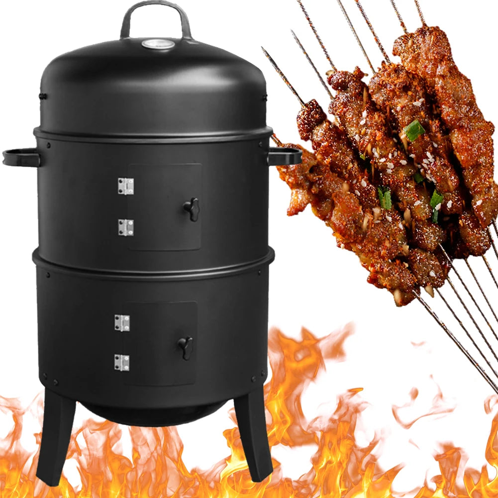 3 in 1 Vertical Charcoal BBQ Smoker Heavy Duty Round Smoking Grill.