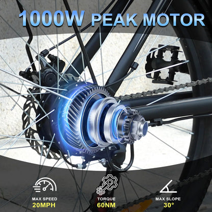 1000W Peak 48V Electric Bike for Adults, 26 inch Electric Mountain Bike 50Miles Range 20 MPH.