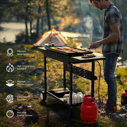 4 Burner Portable Propane Griddle with Nonstick Enameled Tray, 40000 BTU Rolling .