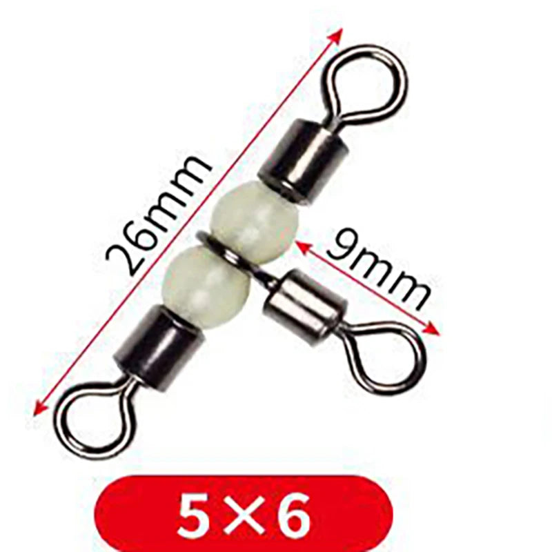 10/50pcs Stainless Steel T-Turn 3 Way Fishing Connector  Rolling Swivel Fishing Tackle Connector Luminous beads attract fish