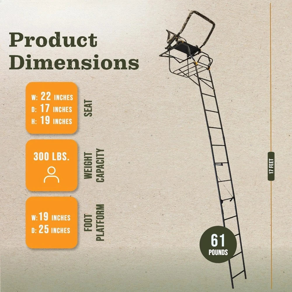 Hunting Tree Stand, Single Ladder w/Safety Rail & Flip-Back Seat, 17" Tall, 300-Lb Capacity