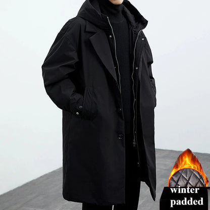New Fake Two Pieces Long Hooded Long Trench Coat Men's.