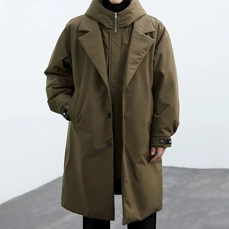 New Fake Two Pieces Long Hooded Long Trench Coat Men's.