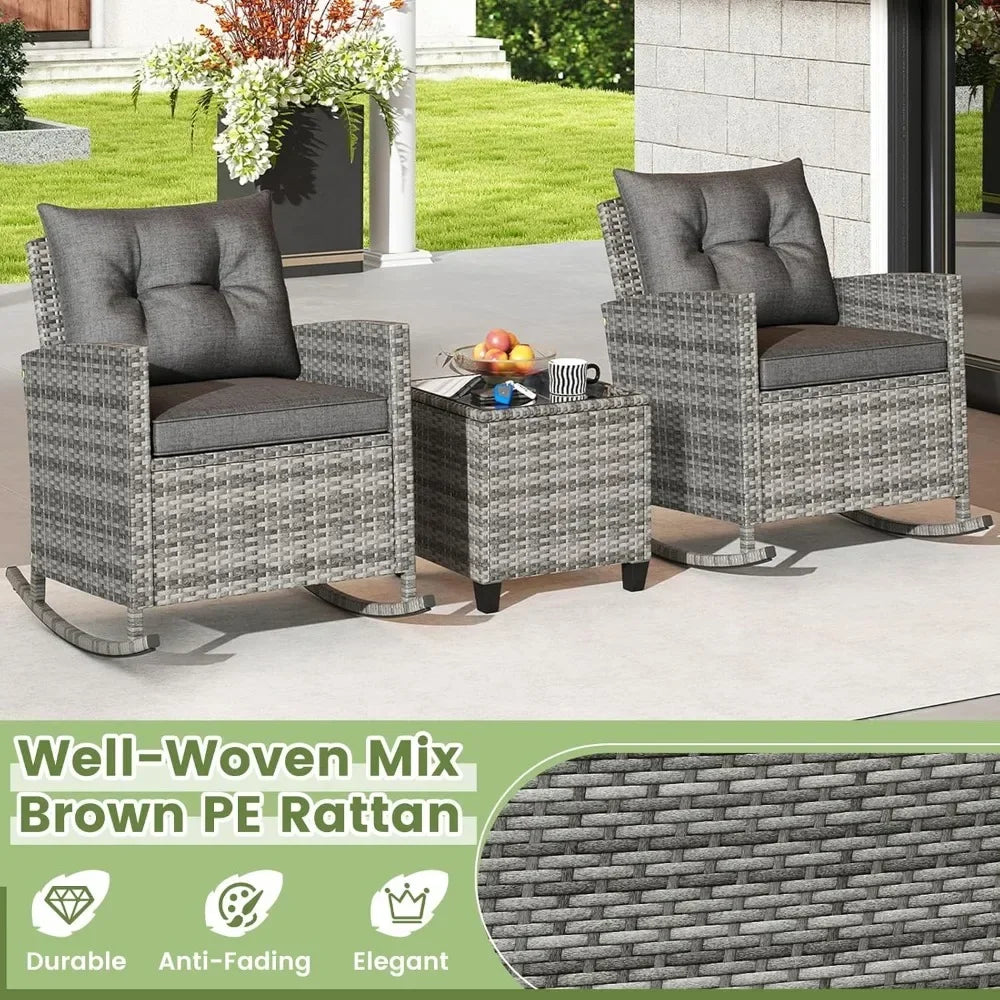 3 Piece Patio Furniture Rocking Bistro Set, Wicker.