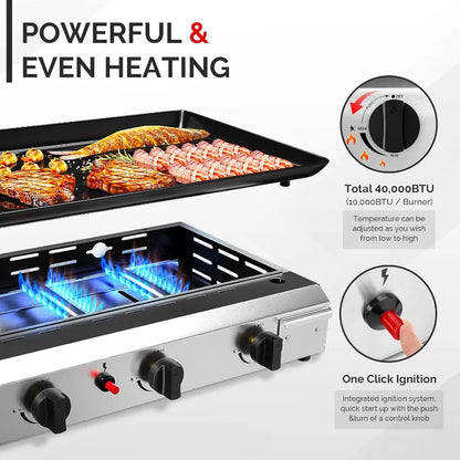 4 Burner Portable Propane Griddle with Nonstick Enameled Tray, 40000 BTU Rolling .