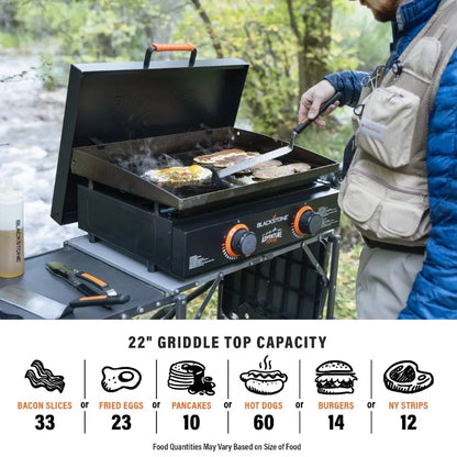 Blackstone Adventure Ready 2-Burner 22" Propane Griddle with Hard Cover in Black.