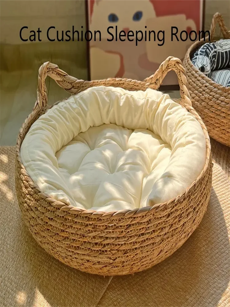Pure hand-woven rattan cat nest four seasons universal warm pad removable washable.