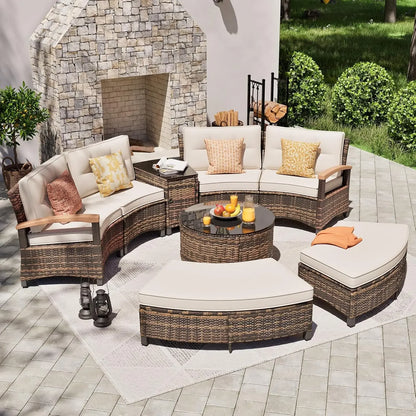 9 Piece Outdoor Patio Furniture Set, Half-Moon Curved Sectional.
