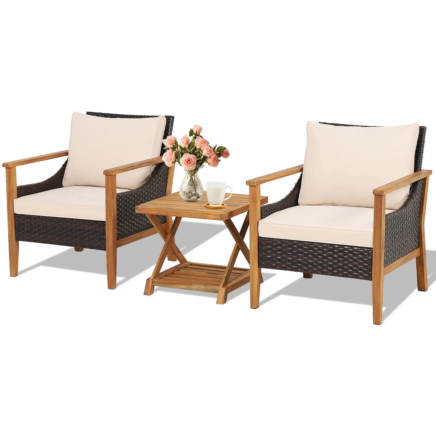 3PCS Patio Wicker Furniture Set Cushioned Armchairs with 2-Tier Side Table.