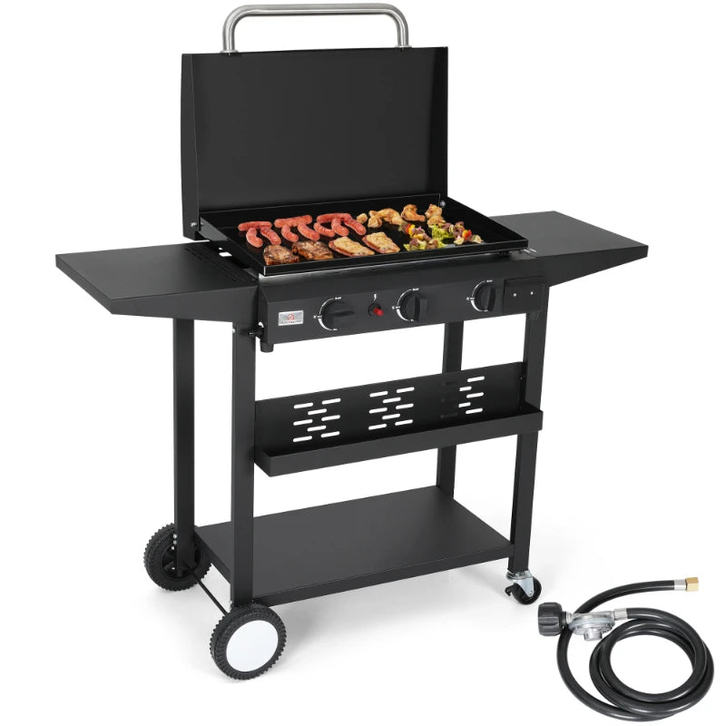 Outdoor Camping Grill 3 Burner BBQ Propane Gas Grill, 24,600 BTU Stainless Steel Patio Garden Barbecue Grill with Stove