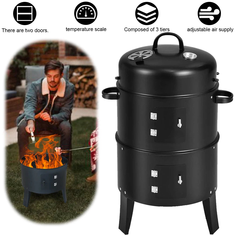 3 in 1 Vertical Charcoal BBQ Smoker Heavy Duty Round Smoking Grill.