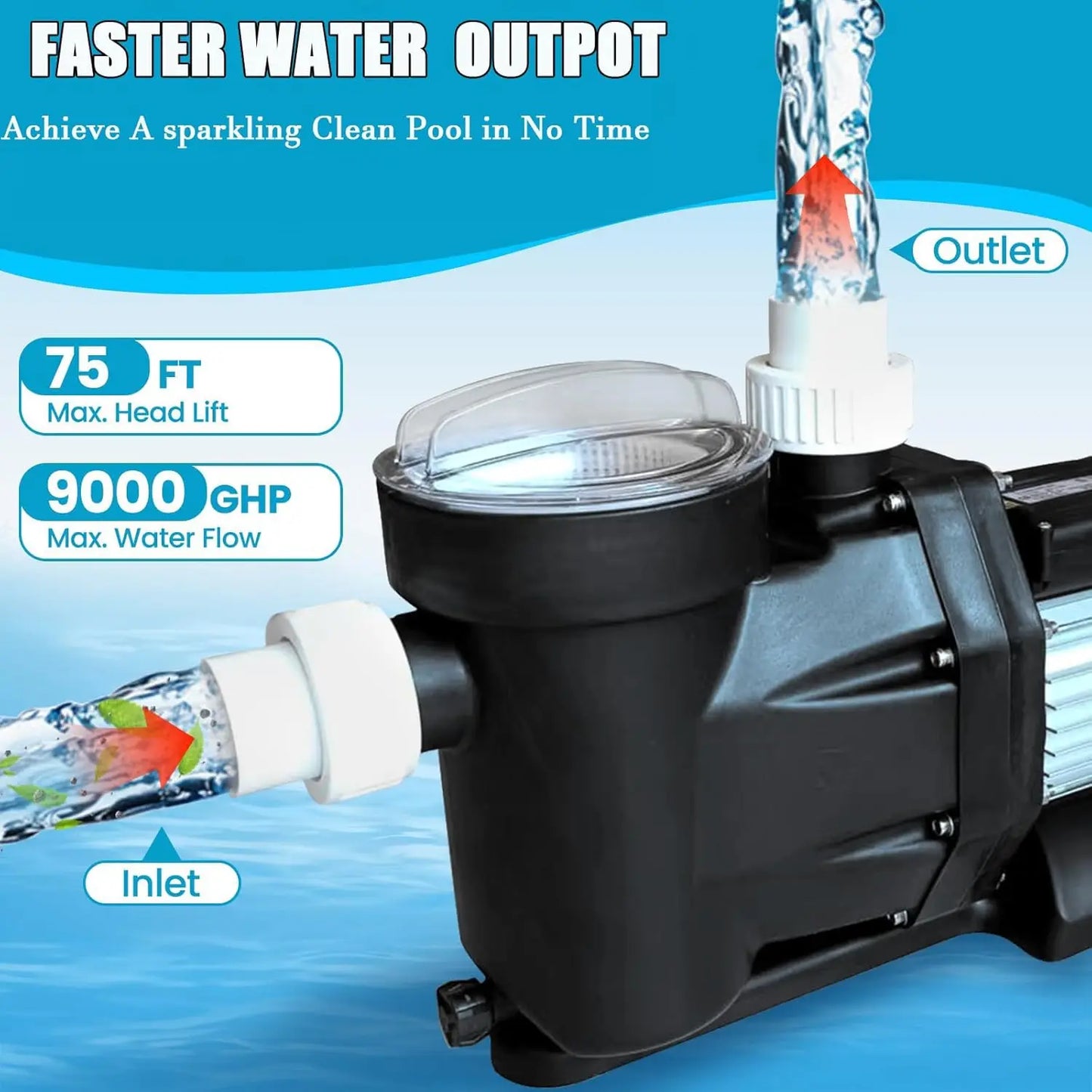 Swimming Pool Pump 3HP 110V 1100W 9000 GPH for Above Ground Pool.