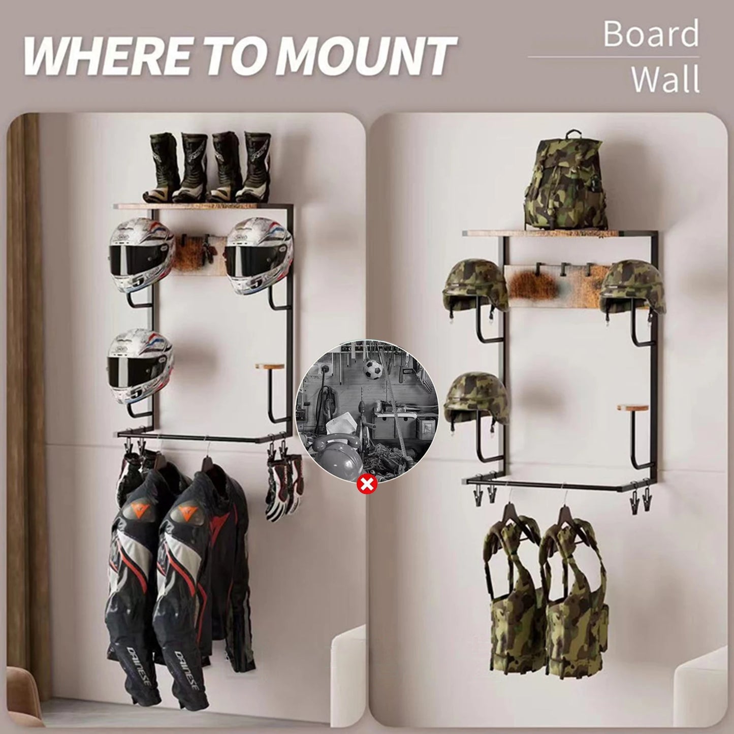 Helmet Holder, Wall-Mounted Rack With 4 Glove Clips & Hooks, Storage Organizer For Helmets Gear Clothes.