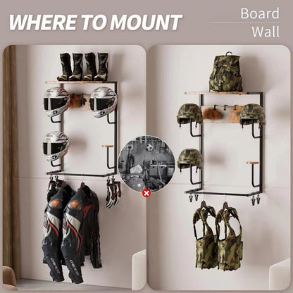 Helmet Holder, Wall-Mounted Rack With 4 Glove Clips & Hooks, Storage Organizer For Helmets Gear Clothes.