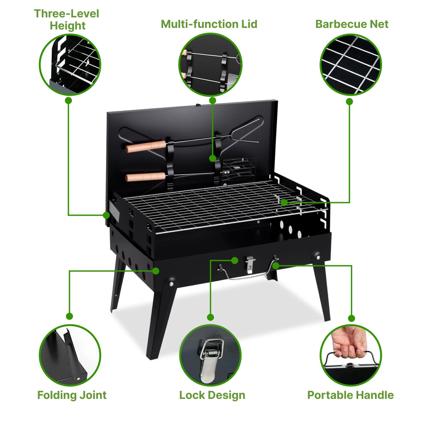 Portable Charcoal Grill, Foldable with Adjustable Heights.