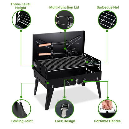 Portable Charcoal Grill, Foldable with Adjustable Heights.