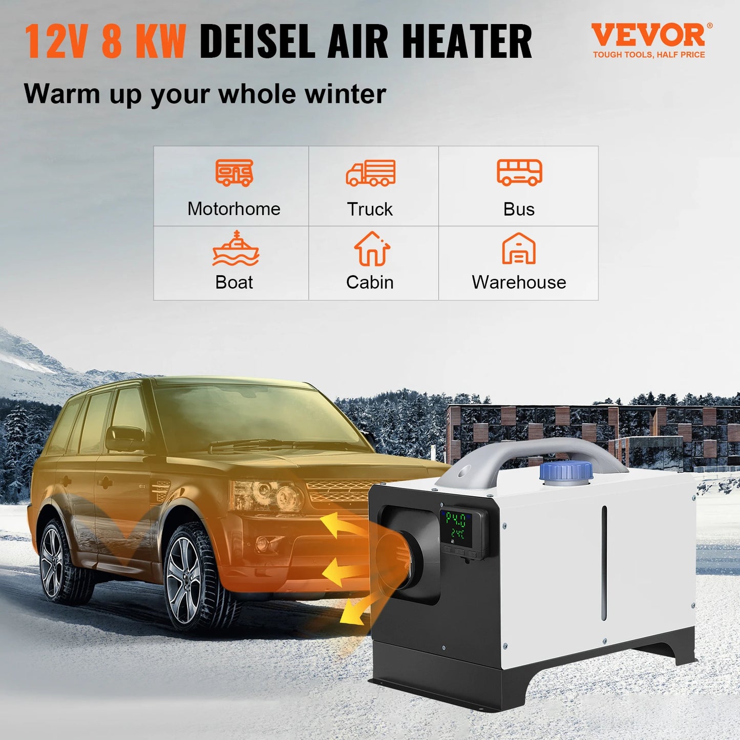 8KW Diesel Air Heater Parking Heater 12V Truck Heater One Air Outlet with Black LCD Switch For RV Truck Boat .