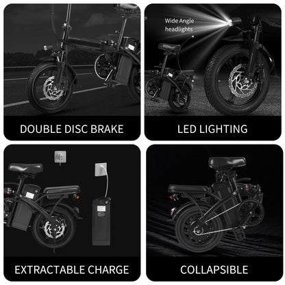 400W dual disc brake adult foldable electric bicycle with seat and basket 14 inches 48V 10.4Ah 22 mile range 20MPH.