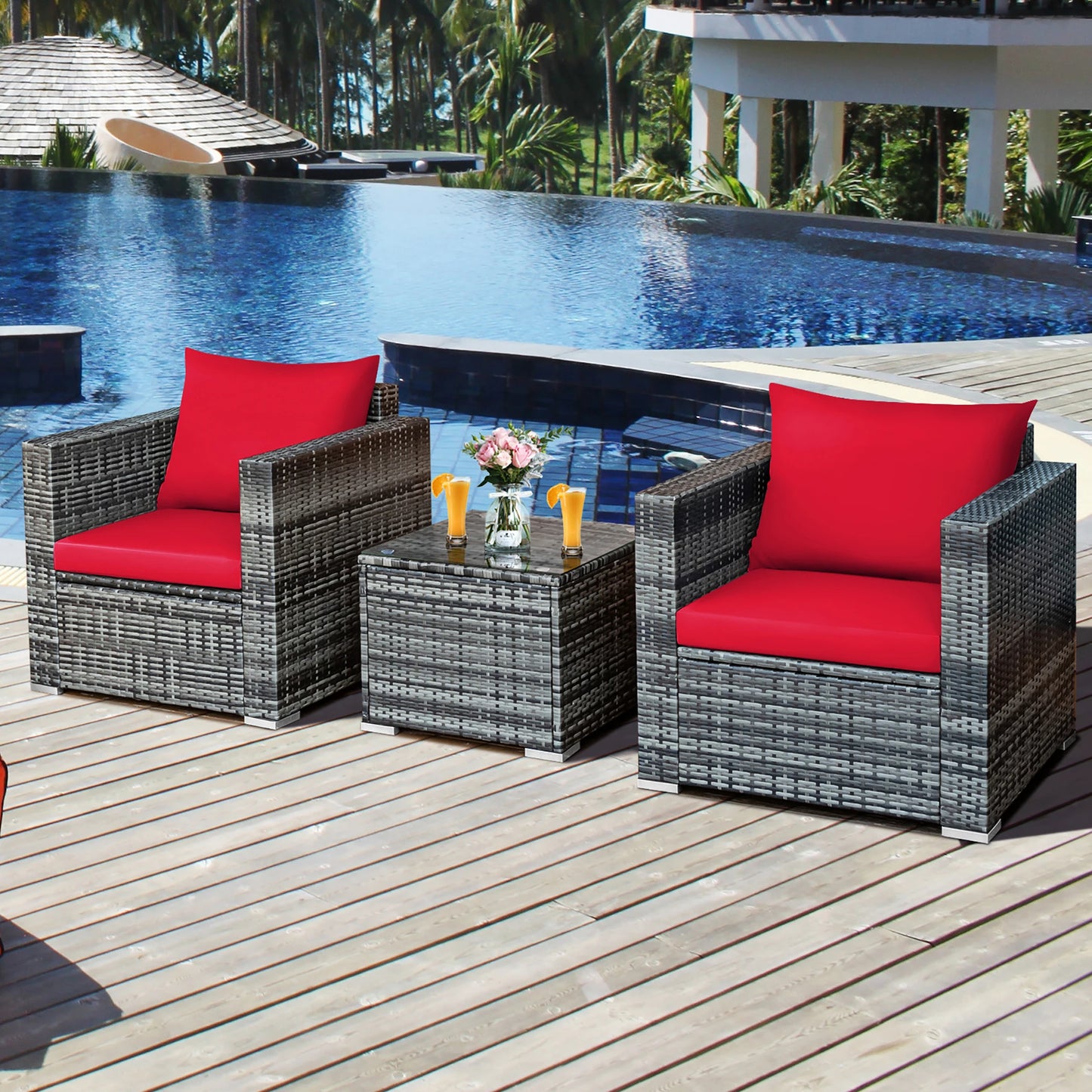 3 PC Patio Rattan Furniture Bistro Set Cushioned Sofa Chair Table Red.