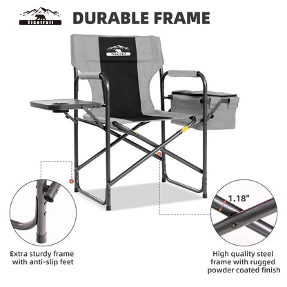 Tisetrail Director Camping Chair with Cooler Bag Camping Directors Chair with Foldable Side Tray Outdoor Lawn Chair Gray&Black
