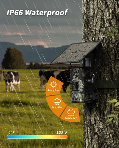Wildlife Camera 4G Integrated Solar Powered 30MP 4K Night Vision Trail Camera Phone APP 120 Detection Angle Motion Sensors Cam