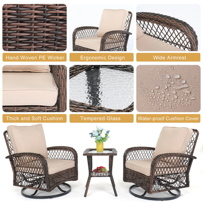 3 Pieces Patio Furniture Set, Outdoor Swivel Gliders Rocker, Wicker Patio Bistro Brown Gradient Ratt