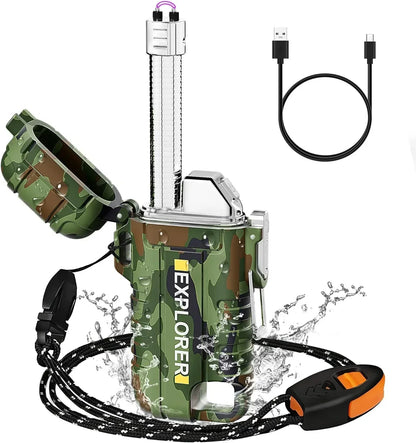 New Outdoor Camping Mountaineering Waterproof USB Double-arc Lighter Portable Lanyard with Whistle.
