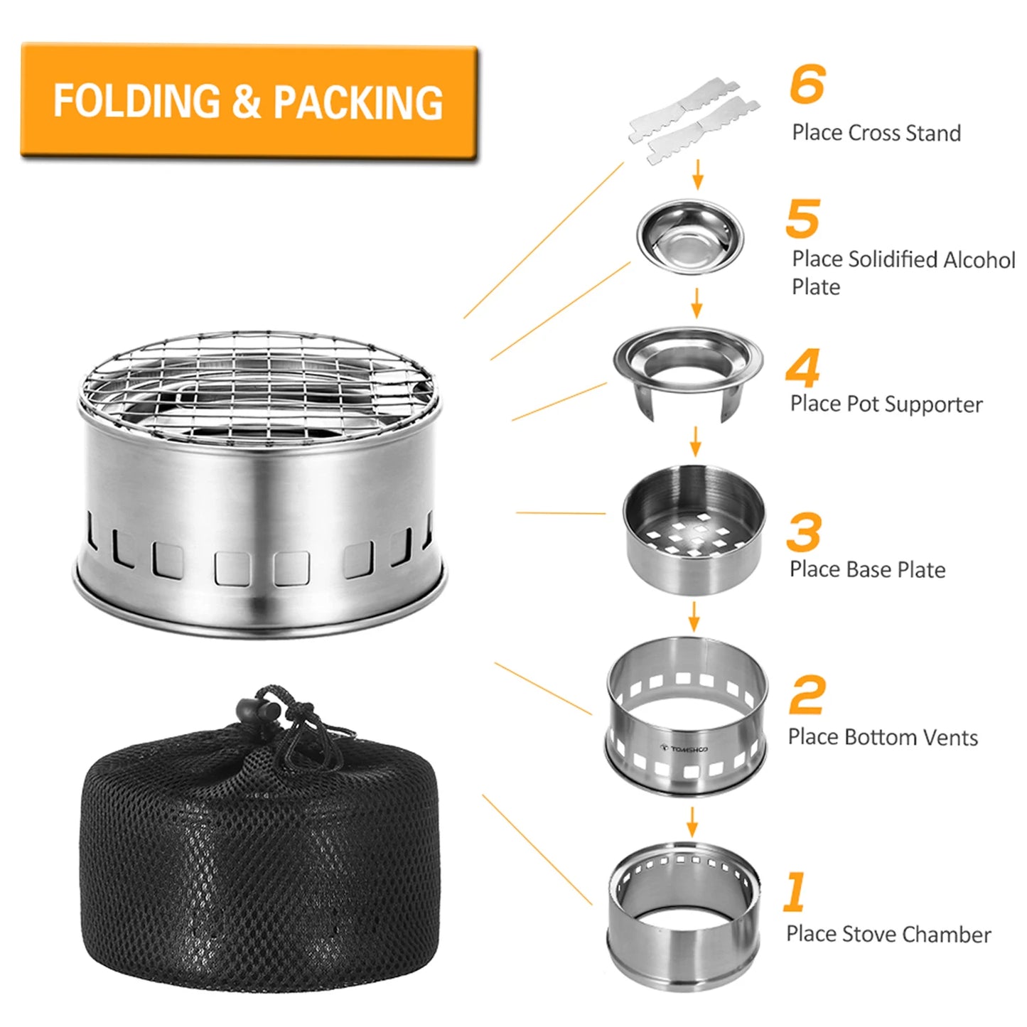 Folding Windproof Wood Burning Stove Compact Stainless Steel