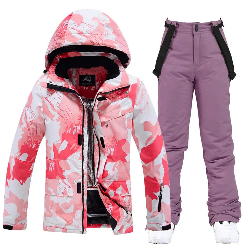 Women Ski Suit Winter Windproof Waterproof Snowboarding Jacket and Pants.
