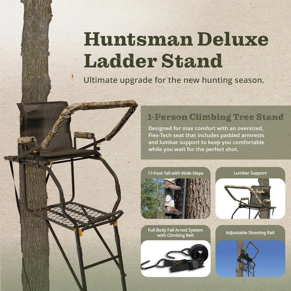 Hunting Tree Stand, Single Ladder w/Safety Rail & Flip-Back Seat, 17" Tall, 300-Lb Capacity