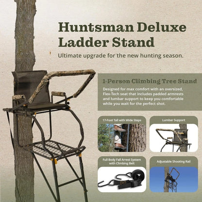 Hunting Tree Stand, Single Ladder w/Safety Rail & Flip-Back Seat, 17" Tall, 300-Lb Capacity