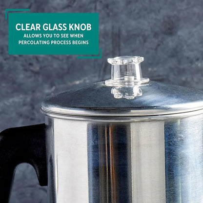 Aluminum Coffee Percolator 9 Cup Stovetop Brew Filter Basket Clear Knob.
