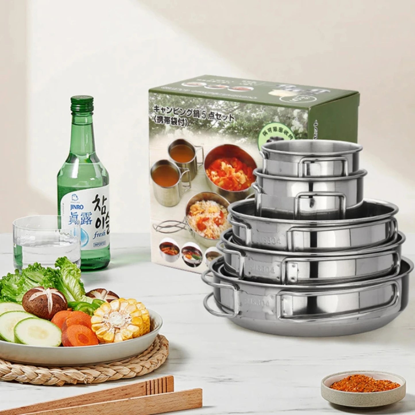 5pcs Camping Pot Set 304 Stainless Steel .