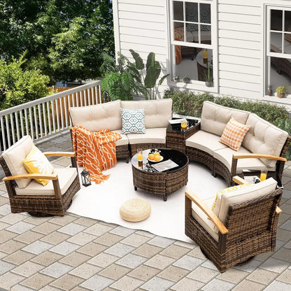 9 Piece Outdoor Patio Furniture Set, Half-Moon Curved Sectional.