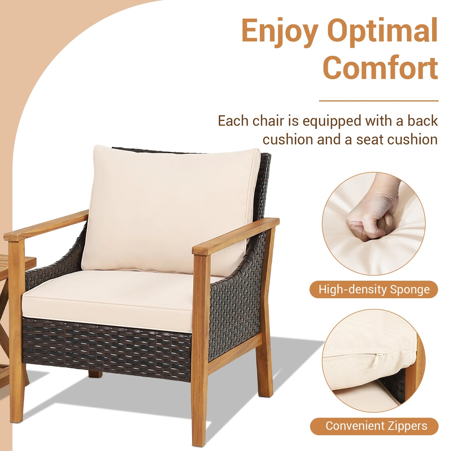 3PCS Patio Wicker Furniture Set Cushioned Armchairs with 2-Tier Side Table.